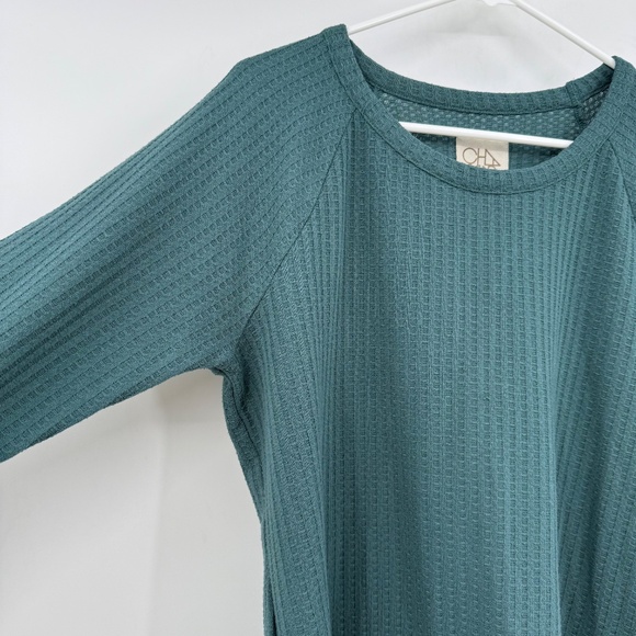 Chaser Top Women XL Green Long Sleeve Waffle Knit Button Cuffs Round Neck - Picture 3 of 11